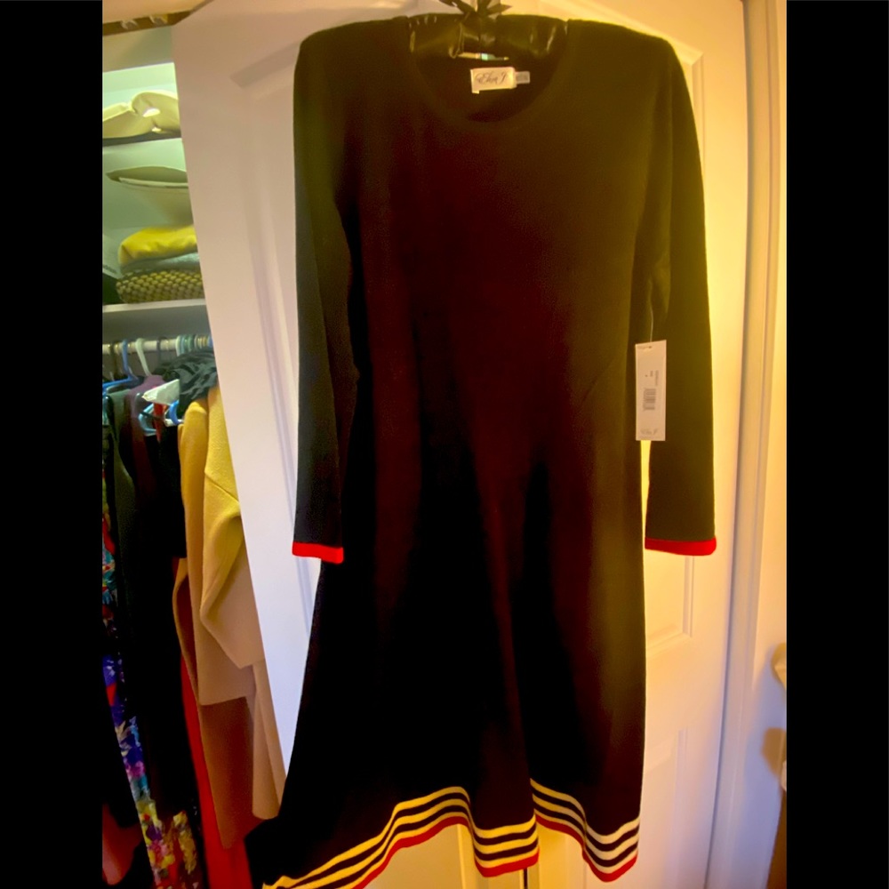 Black Eliza J sweater dress. NWT. Smoke free, pet free home!White and red detail
